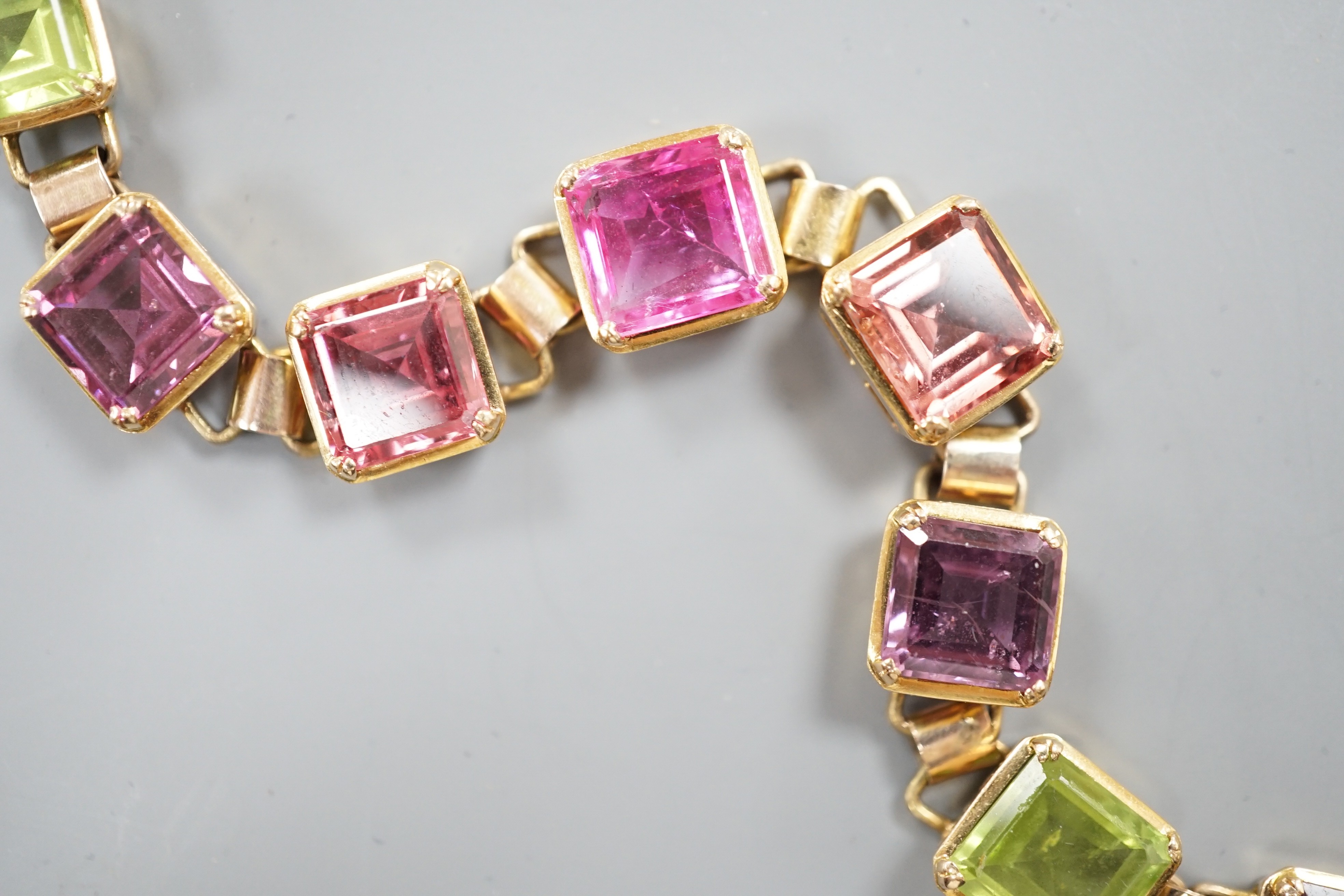 A modern 9k yellow metal and multi gem set bracelet, overall 24cm, gross weight 19.5 grams
